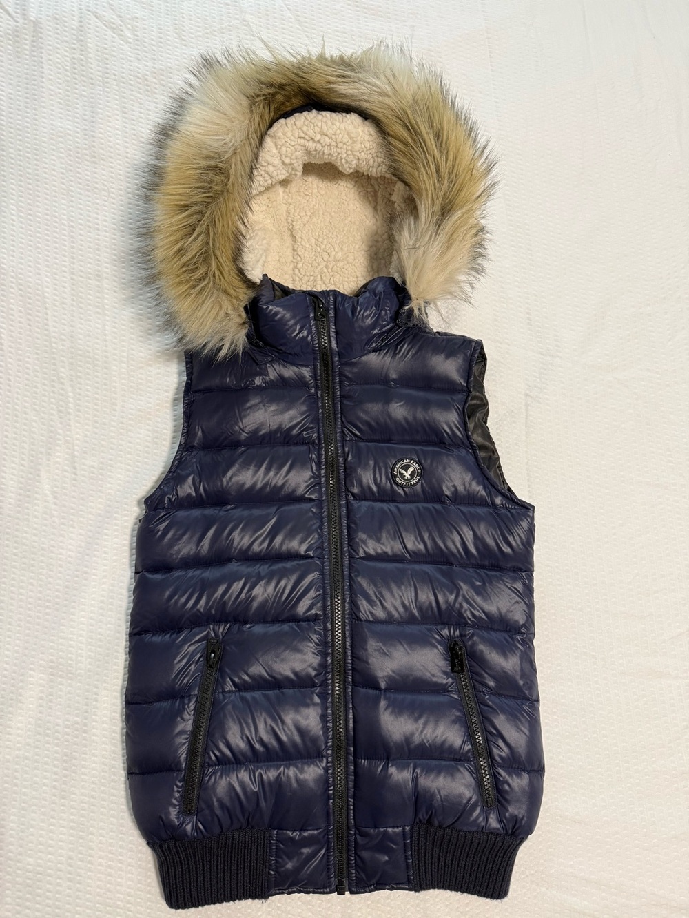 Women’s Navy Puffer Vest with Faux Fur Hood - American Eagle